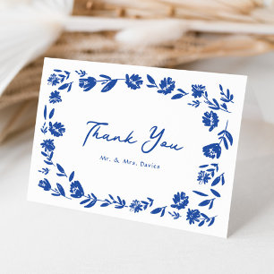 Blue Hand Drawn Whimsical Flower Border Wedding Thank You Card