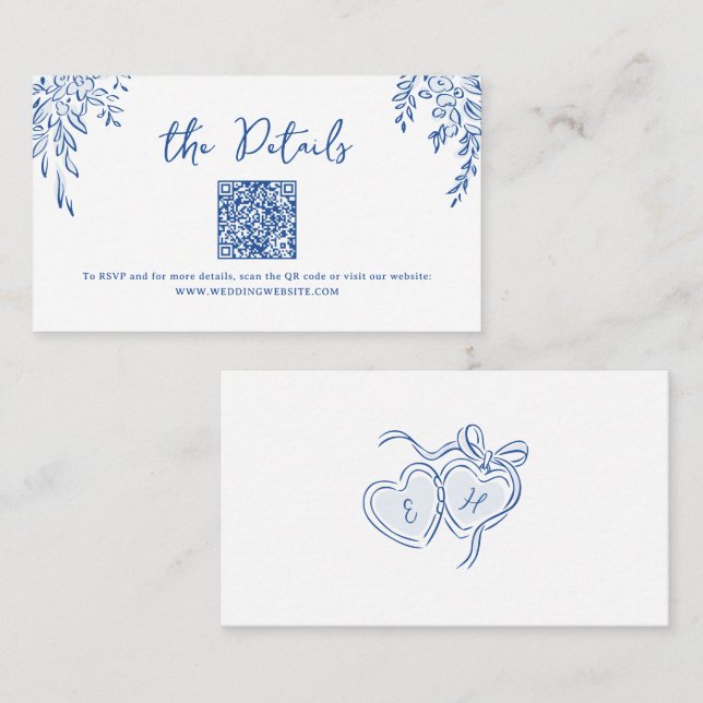 Blue Hand Drawn Whimsical Wedding QR code Details Place Card (Front/Back)