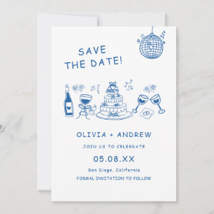 Blue Hand Drawn Whimsical Wedding Save The Date  Invitation