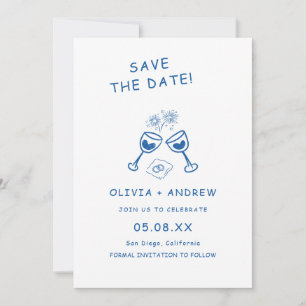 Blue Hand Drawn Whimsical Wedding Save The Date  Invitation
