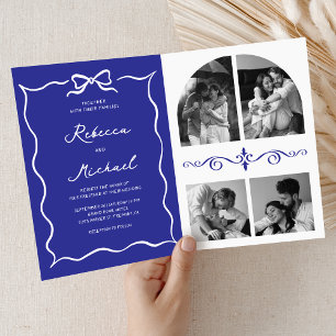 Blue Hand Drawn White Bow QR Code Photo Wedding Invitation