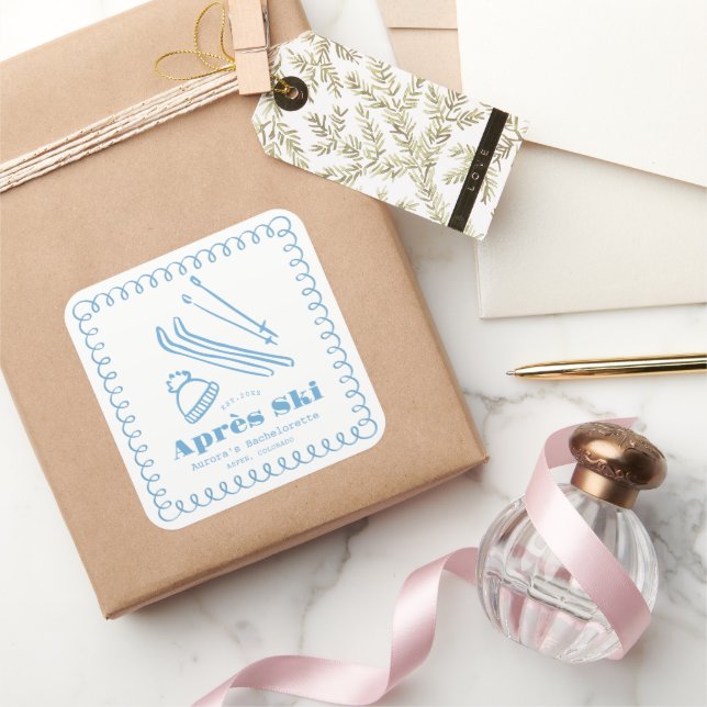 Blue Hand-Drawn Winter Après Ski Bachelorette Square Sticker (Gifting)