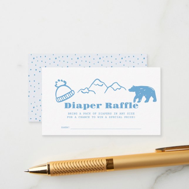 Blue Hand-Drawn Winter Baby Diaper Raffle Ticket Enclosure Card (Front/Back In Situ)