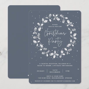 Blue Hand Printed Holly Wreath Christmas Party Invitation