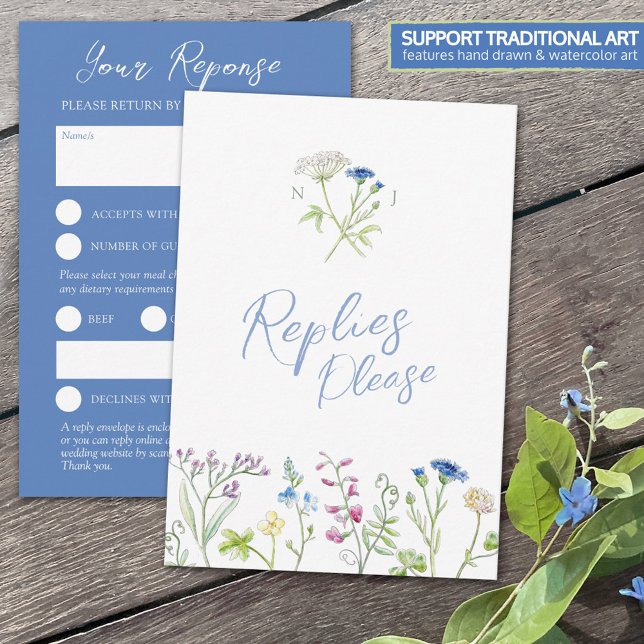 Blue hand wildflower watercolor RSVP wedding Card (Creator Uploaded)
