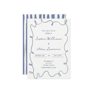 Blue  Hand Written Pinstripes Whimsical Wedding Invitation