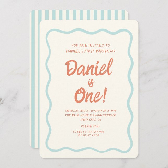 Blue Handwriting Wavy Pastel Baby First Birthday  Invitation (Creator Uploaded)