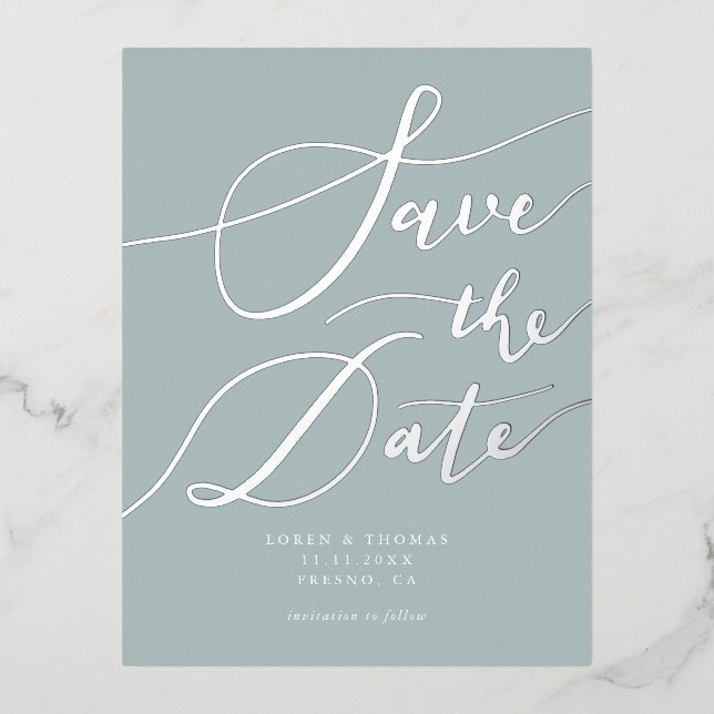 Blue Handwritten Calligraphy Save The Date Foil Invitation Postcard (Front)