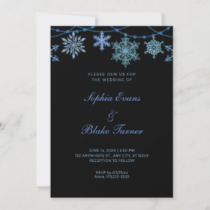 Blue Hanging Lights and Snowflakes Black Wedding Invitation