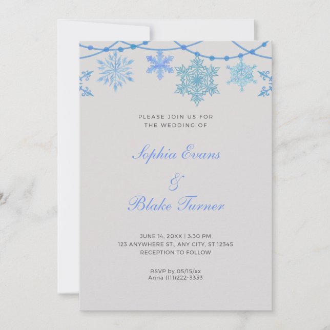 Blue Hanging Lights and Snowflakes Silver Wedding Invitation (Front)