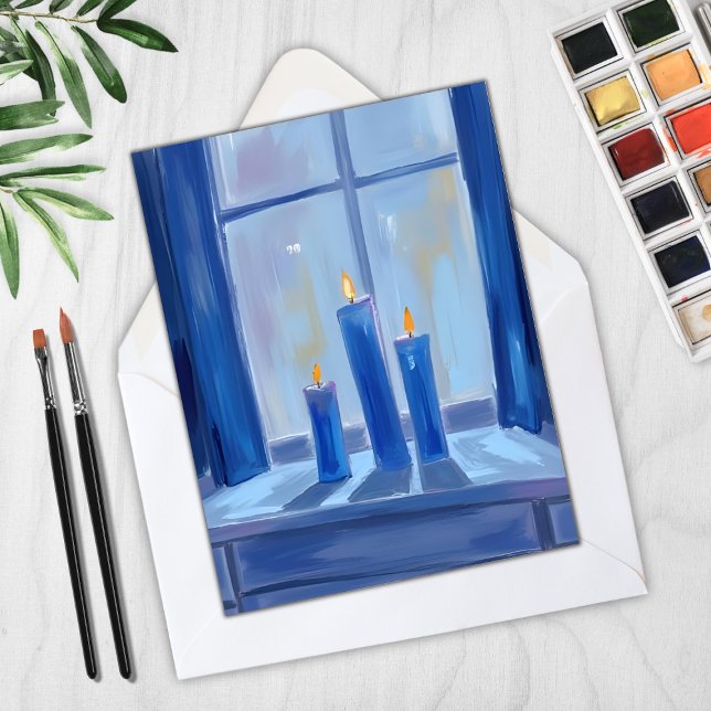 Blue Hanukkah Candles Watercolor Holiday Card (Creator Uploaded)