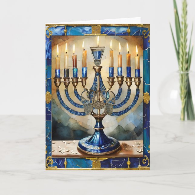 Blue Hanukkah Menorah Card (Front)