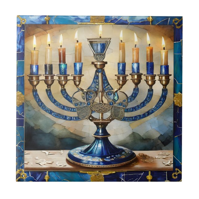 Blue Hanukkah Menorah Ceramic Tile (Front)