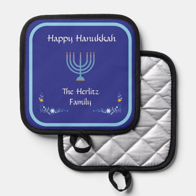 Blue HANUKKAH Menorah Customise NAME Pot Holder (Front/Back)