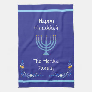 Blue HANUKKAH Menorah Customise NAME Tea Towel