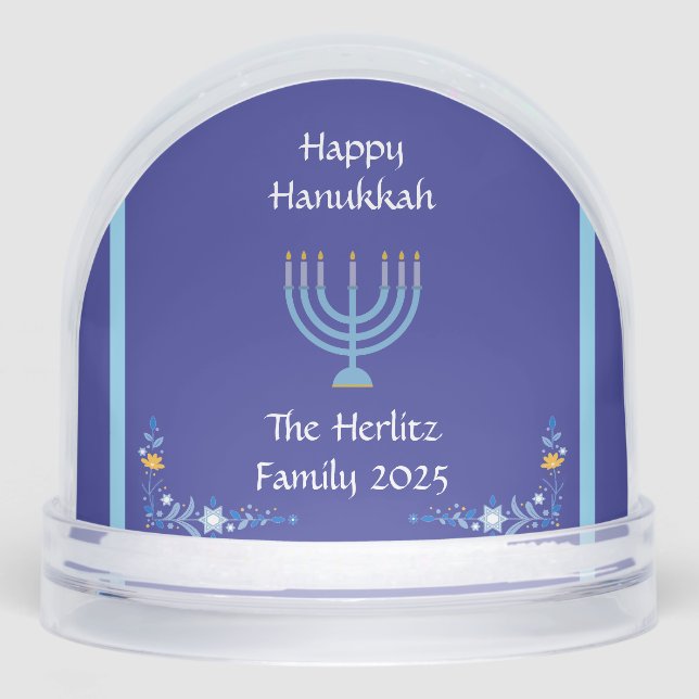 Blue HANUKKAH Menorah Customise PHOTO NAME Snowglobe (Front)