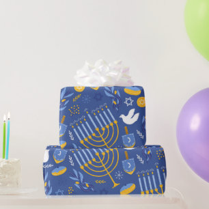 Blue Hanukkah Menorah Dove and Dreidel Hanukkah Wrapping Paper