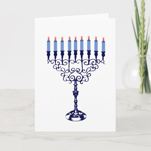 Blue Hanukkah Menorah Holiday Card (Front)