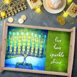 Blue Hanukkah Menorah Live Love Sparkle Shine Serving Tray<br><div class="desc">“Live love sparkle shine.” A close-up photo of a bright, colourful, blue and green artsy menorah helps you usher in the holiday of Hanukkah in style. Feel the warmth and joy of the holiday season whenever you use this stunning, colourful Hanukkah wooden serving tray. This serving tray comes in 2...</div>