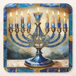 Blue Hanukkah Menorah Square Paper Coaster