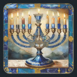 Blue Hanukkah Menorah Square Sticker<br><div class="desc">You are viewing The Lee Hiller Photography Art and Designs Collection of Home and Office Decor, Apparel, Gifts and Collectibles. The Designs include Lee Hiller Photography and Mixed Media Digital Art Collection http://LeeHiller.com</div>