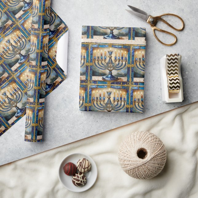 Blue Hanukkah Menorah Wrapping Paper (Crafts)