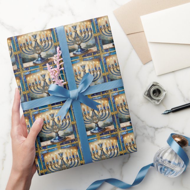Blue Hanukkah Menorah Wrapping Paper (Gifting)