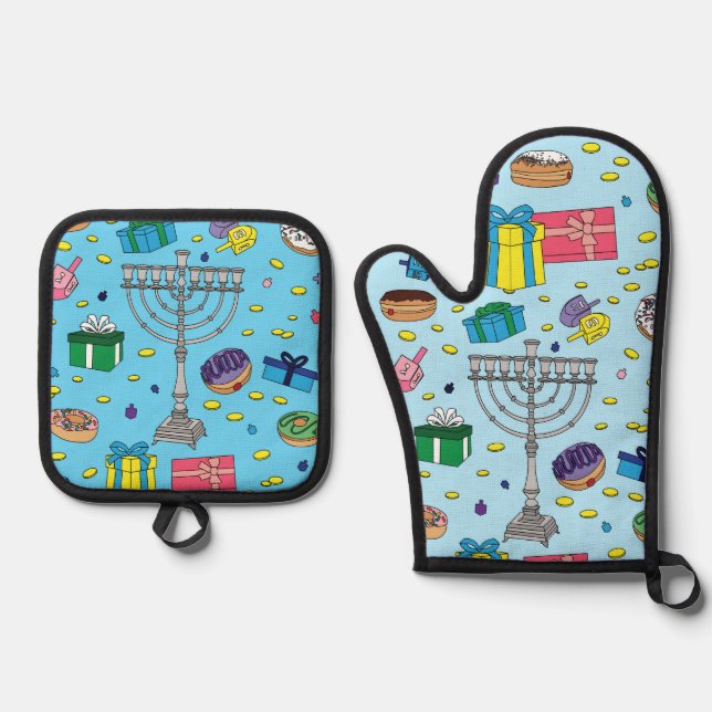 Blue Hanukkah Pattern Oven Mitt & Pot Holder Set (Front)