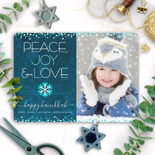 Blue Hanukkah Peace Joy Love Quote Photo Snowflake Holiday Card
