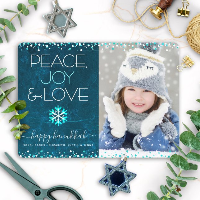 Blue Hanukkah Peace Joy Love Quote Photo Snowflake Holiday Card (Creator Uploaded)