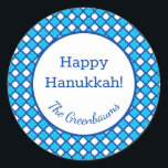 Blue Hanukkah Round Sticker<br><div class="desc">These fabulous gift tags would look great on all your Hanukkah gifts.  They are so modern yet classic with their blue and white quatrefoil pattern with a Moroccan feel.  And,  they are customisable with your family name.</div>