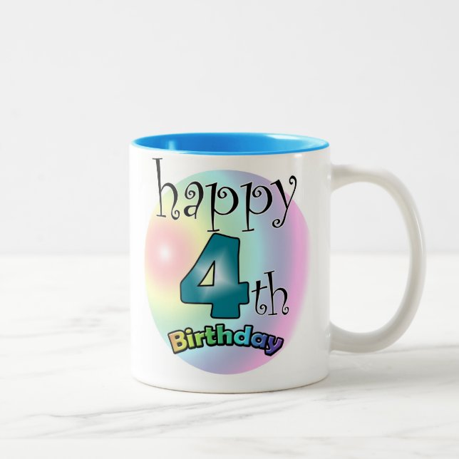 Blue Happy 4th Birthday Two-Tone Coffee Mug (Right)