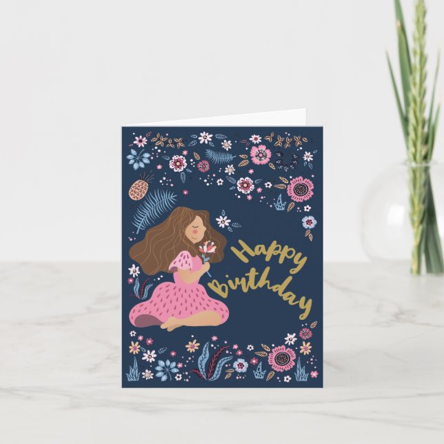 Blue Happy Birthday Lady Floral Flowers Card (Front)