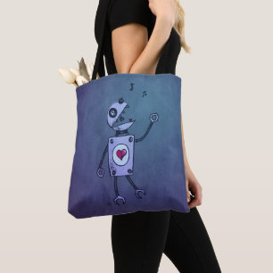 Blue Happy Cartoon Singing Retro Robot Tote Bag