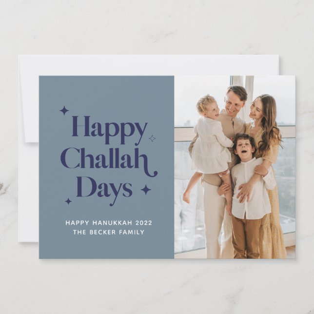 Blue Happy Challah Days Hanukkah Family Photo Holi Holiday Card (Front)
