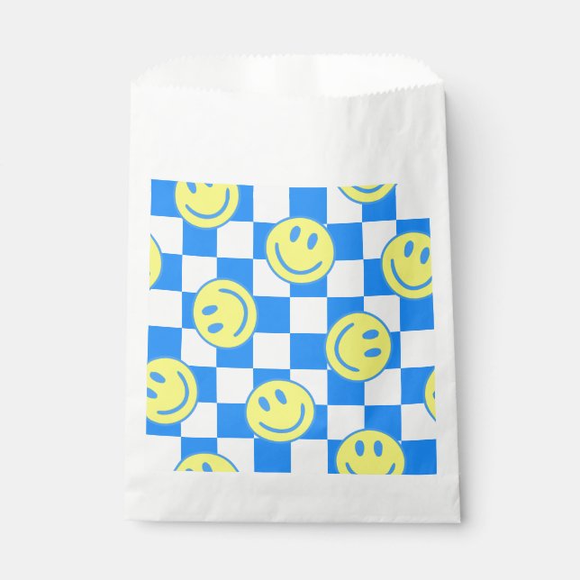 blue happy face check groovy favour bag (Front)