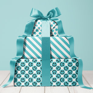 Blue Happy Face Stripes and Polka Dot Wrapping Paper Sheet