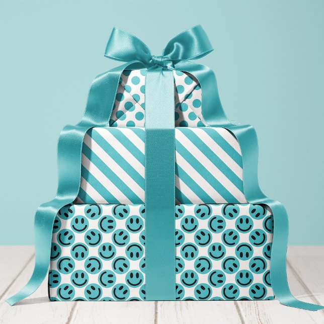 Blue Happy Face Stripes and Polka Dot Wrapping Paper Sheet (Creator Uploaded)
