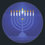blue happy hanukkah classic round sticker<br><div class="desc">"blue happy hannukah" , "happy hannukah" , "jewish holidays" "seamless hannukah", "seamless channukah", "star of david", hannukah,  Hanukkah, channuka,  channukah,  chanukah,  chanukkah,  hannuka,   hebrew,   jew,  jewish,  judaica,  judaism,  menora,  menorah,  holidays, </div>