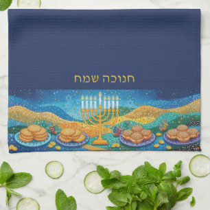 Blue Happy Hanukkah Menorah Food Latkes & Doughnut Tea Towel