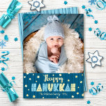 Blue Happy Hanukkah Photo Cute Modern Real Gold Foil Holiday Card<br><div class="desc">“Happy Hanukkah.” Fun, playful, whimsical handcrafted real gold foil and light blue typography, a random gold foil Star of David pattern, and midnight navy blue hand drawn lines overlay a dark teal blue background. Add the photo of your choice and help usher in Hanukkah with this stunning, colourful, personalised real...</div>