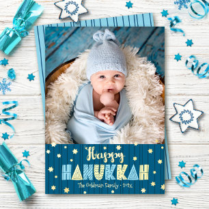 Blue Happy Hanukkah Photo Cute Modern Real Gold Foil Holiday Card