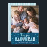 Blue Happy Hanukkah Photo Modern Fun Typography Holiday Card<br><div class="desc">“Happy Hanukkah.” Fun, playful, whimsical handcrafted typography along with a random Star of David pattern in dusty blue all overlaying midnight navy blue hand drawn lines on a dark teal blue background, along with a photo of your choice, help you usher in Hanukkah. Hand drawn turquoise lines overlay a light...</div>