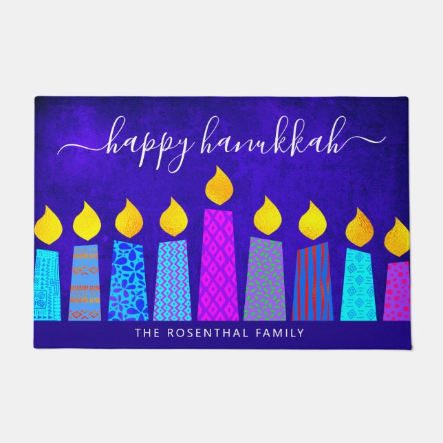Blue Happy Hanukkah Script Modern Boho Candle Name Doormat (Front)
