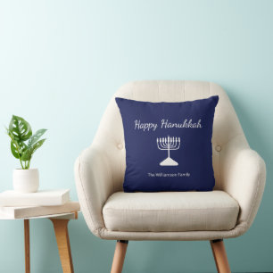Blue Happy Hanukkah Simple Menorah    Cushion