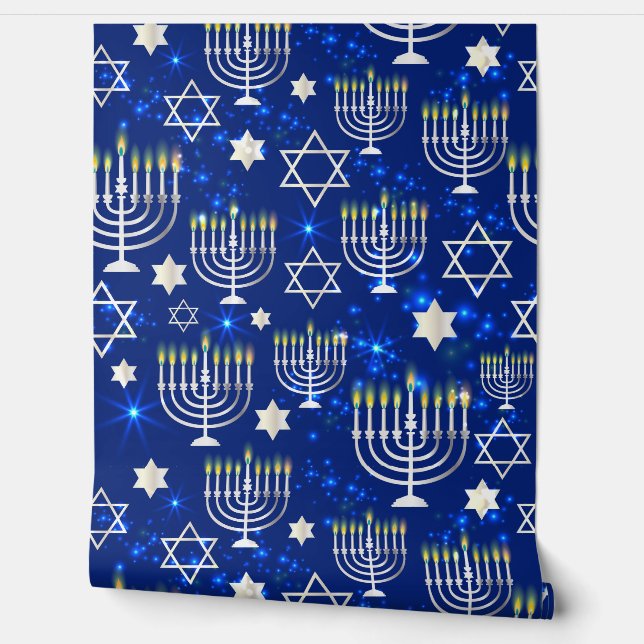 Blue Happy Hanukkah Star Of David Menorah Modern Wallpaper (Unrolling)
