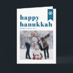 Blue Happy Hanukkah Typography Snowflakes Photo Holiday Card<br><div class="desc">Happy Hanukkah! | Send your holiday wishes with this customisable Hanukkah photo card. It features blue retro bold typography,  simple snowflakes accent and festive pattern. Personalise by adding names,  year and photo. This festive photo Happy Hanukkah card is available in various colours and cardstock.</div>