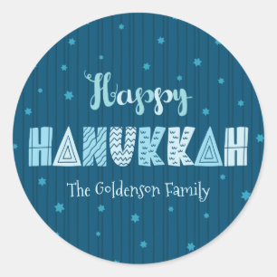 Blue Happy Hanukkah Typography Star David Name   Classic Round Sticker
