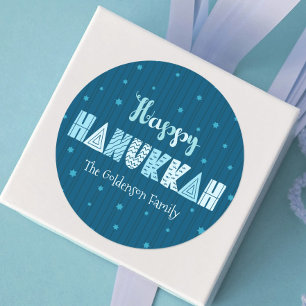 Blue Happy Hanukkah Typography Star David Name   Classic Round Sticker