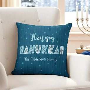 Blue Happy Hanukkah Typography Star of David Name Cushion